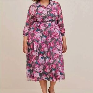 Torrid Pink Multicolored Floral Dress with Wrap Style and Tie Belt